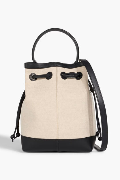 Canvas Leather Trim Drawstring Bucket Bag