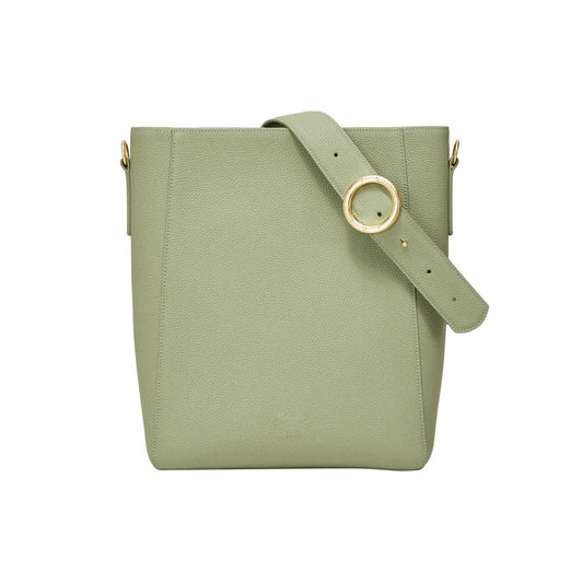 Two-Tone Pebbled Leather Adjustable Strap Medium Bucket Tote Bag
