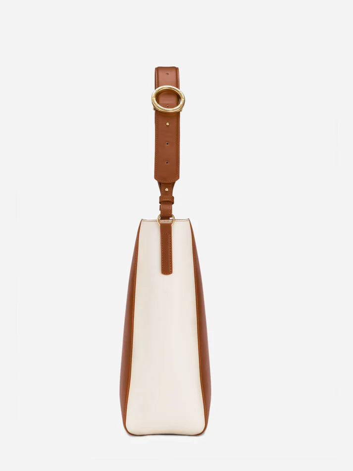 Two-Tone Pebbled Leather Adjustable Strap Medium Bucket Tote Bag