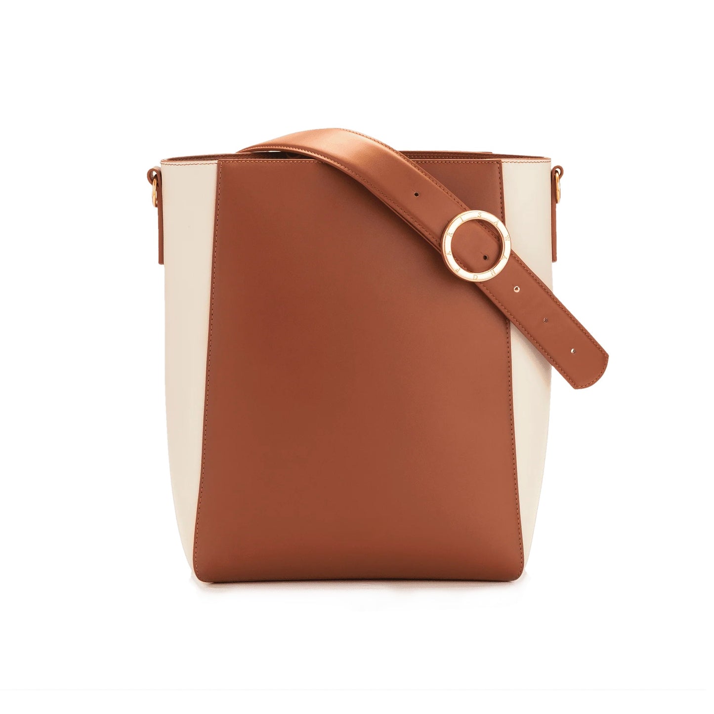 Two-Tone Pebbled Leather Adjustable Strap Medium Bucket Tote Bag