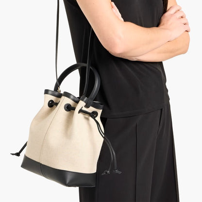 Canvas Leather Trim Drawstring Bucket Bag